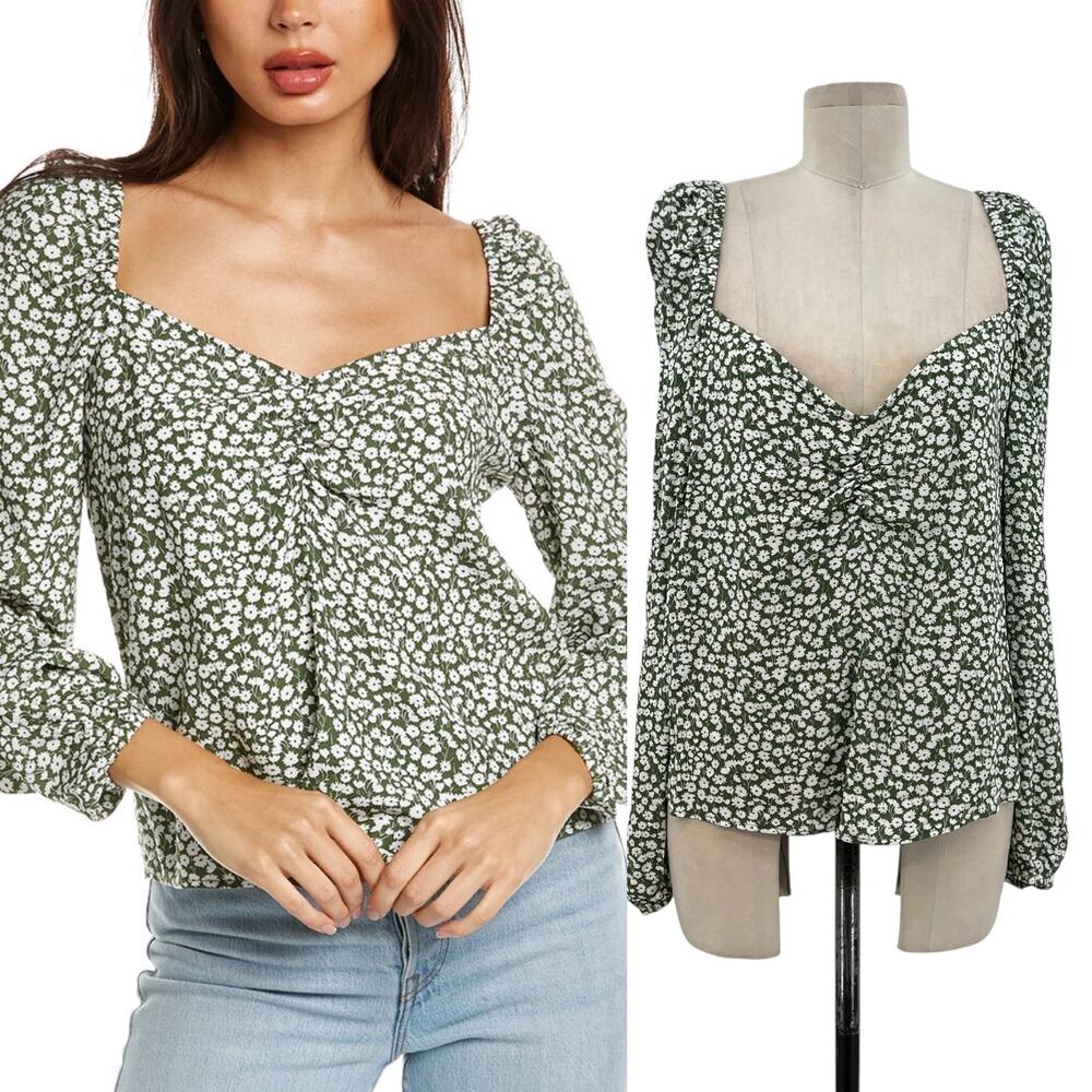 Boden Sweetheart Printed Top Long Sleeve Floral Print Green White Size US 14